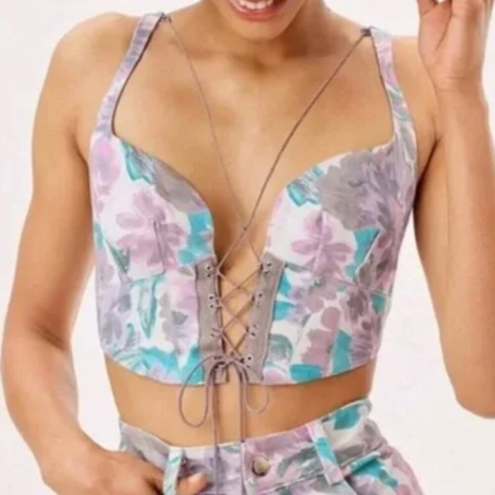 For Love & Lemons Tamara Corset Crop Top Lace Up Purple Floral Denim Bustier XXS